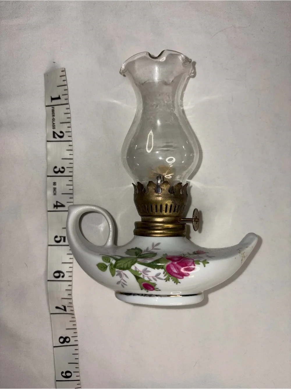 Miniature Vintage Floral Ceramic Oil Lamp with Glass Chimney perfect